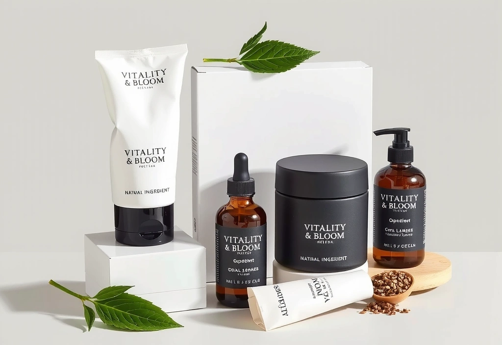 A beautifully arranged display of Vitalityandbloomhub's first product line, showcasing natural ingredients and elegant packaging. Bright, clean aesthetic. No text.