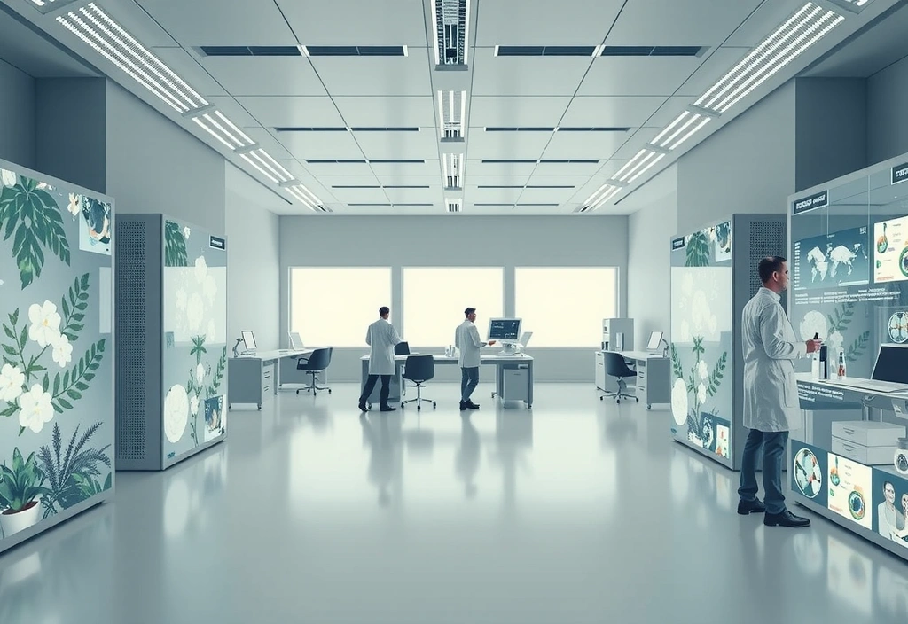 Futuristic laboratory setting with botanical elements, symbolizing ongoing research and future innovations at Vitalityandbloomhub. Clean, high-tech aesthetic. No text.